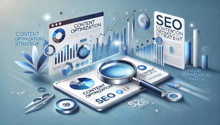 Content optimization strategy illustration with graphs and digital tools for SEO and marketing planning