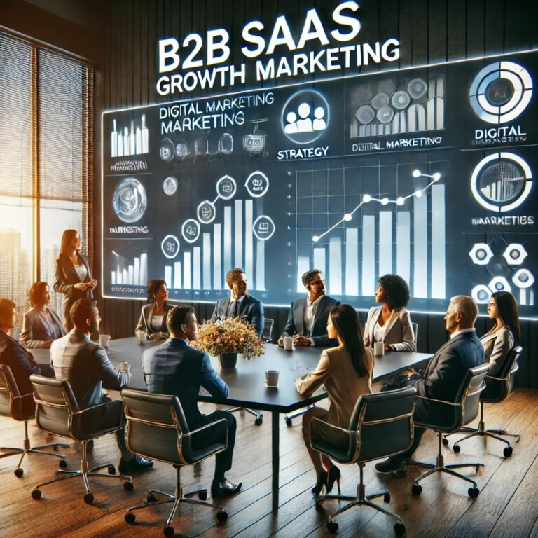 A professional office setting featuring a B2B SaaS growth marketing strategy meeting. The scene includes a diverse team of marketing professionals